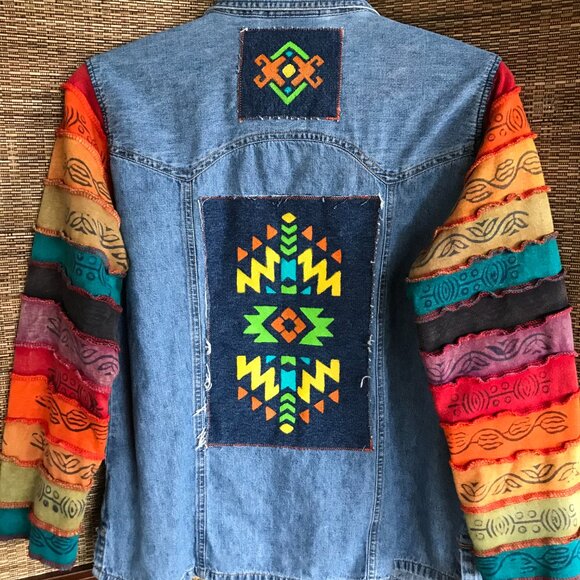 Upcycled Denim Jacket, Size M: Hand-Painted Aztec Patches, Colorful Sleeves - Picture 6 of 12